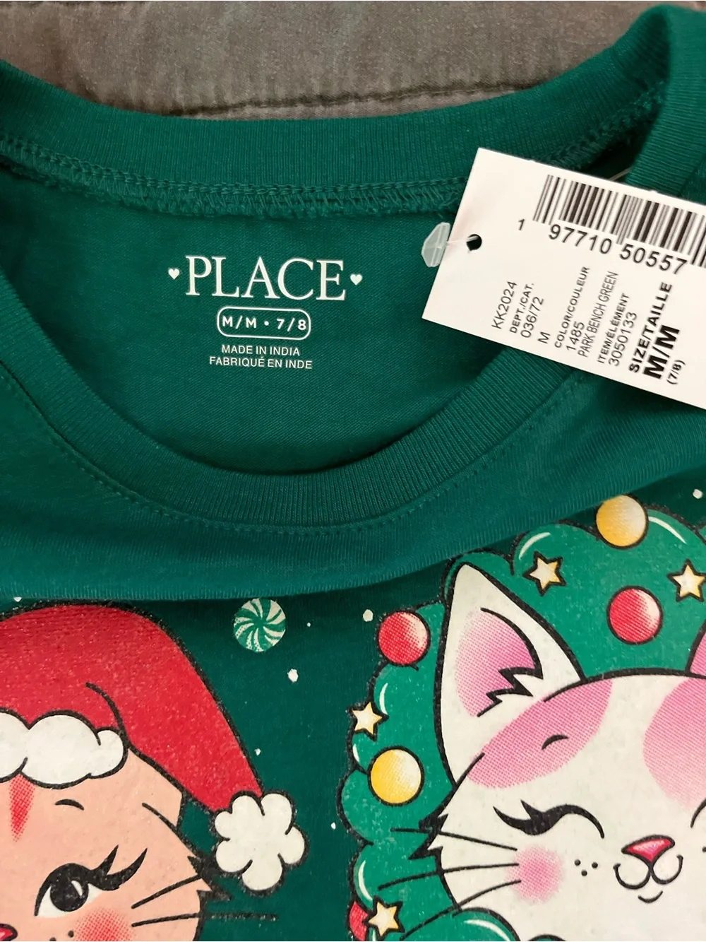 The Children's Place Festive Green Long-Sleeve Holiday Cats Tee